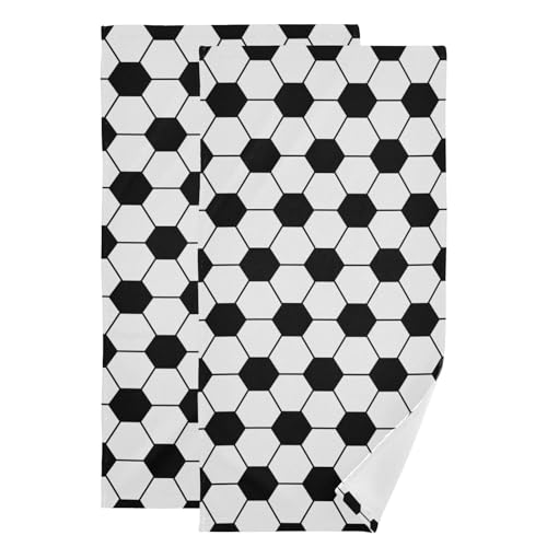 Black and White Soccer Ball Hand Towels for Bathroom Set of 2,Sport Game Soccer Team Geometric Kitchen Towels,Microfiber Absorbent Decorative Guest Bathroom Towels for Face,Shower,Gym 14"x28" - color: White Black