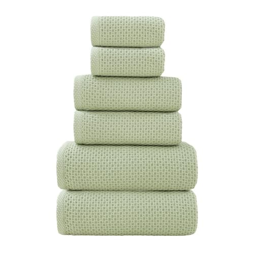 SK Studio 6 Piece Green Bath Towels Set Cotton Waffle Bathroom Towels | 2 Bath Towels, 2 Hand Towels, 2 Washcloths Quick Dry for College Dorm, Spa - color: Green