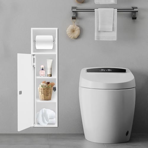 Recessed Toilet Paper Holder, 4 Tiers in Wall Toilet Paper Holder, 304 Stainless Steel Recessed Bathroom Cabinet Tissue Paper Storage Cabinet with Dispenser (White) - color: White