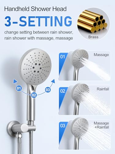 Woindo Shower Faucet Set 10" Rain Shower Head/8'' Side Shower Head and 3 Setting Handheld Ceiling Mount 3 Push Button Diverter Complete Rainfall Round Shower System Included Valve Trim Kit - color: Brushed Nickel, style: 10"-R-Ceiling-02