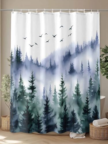Waterproof Fabric Shower Curtain Watercolor Fog Forest Scenery Nature Shower Curtains for Bathroom, Quick-Drying, Machine Washable 72x72 Inch - color: Gray Green Forest Green, size: 72"W x 72"L (Pack of 1)