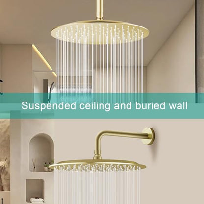 All Metal Rain Shower Head - Heavy Duty Stainless Steel, Easy Install, High Water Flow, Ultra-Thin Modern Design for Bathroom (F-Brushed Gold, 12) - color: Brushed Gold, size: 12