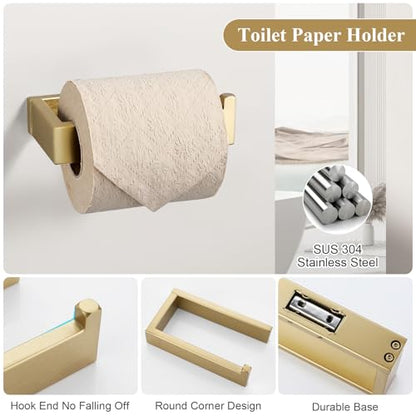 Brushed Gold Bathroom Accessories, Toilet Paper Holder, Towel Bar and Hook | Lairuier 3 Pieces Bathroom Hardware Set, SUS304 Stainless Steel Towel Holder Set Toilet Paper Holder Robe Hook Wall Mounted - color: Brushed Gold