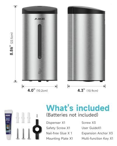 AIKE Classic Automatic Soap Dispenser,25oz for Commercial,Brushed AK1205E | 5-Level Adjustable and Savety Key for Commercial(4*AA Batteries Not Included),No-drill and Screw Wall Mount for Space-Saving - color: Brushed Stainless Steel