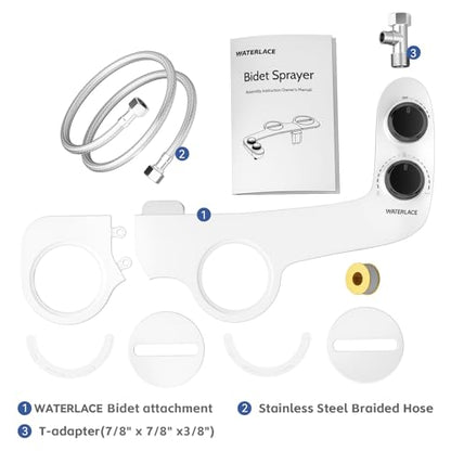 WATERLACE Bidet Attachment for Toilet Seat Water Pressure - Non Electric Bidets Self Cleaning Sprayer - Dual Nozzle Bidet Attachments Toilets Spray - Adjustable Bidets Wash Butt Cleaner for Bathroom - color: Black