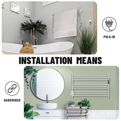 K&KALONZO Wall-Mounted 9-Bar Heated Towel Rack, Fast Heat in 2 Min, NTC Safety | 4 Timers & 3 Heat Levels Control, Plug-In/Hardwired, Top Hooks, Memory Function, Anti-Scald, Stainless Steel, EL13MP - color: Polished, size: H 19.7 x W 31.5