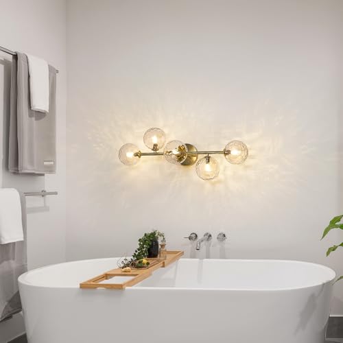 5 Lights Bathroom Vanity Light,Brushed Gold Globe Bathroom Light Fixtures | Hammered Clear Glass Wall Sconce Lighting,Mid Century Modern Brass Bubble Glass Bathroom Vanity Lights over Mirror,G9 Base - color: Gold Hammered Glass, size: G9 Base