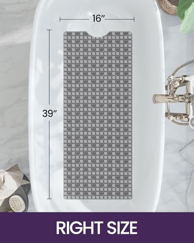DEXI Bathtub Mat Non Slip, 39x16 Bath Tub Shower Floor Mats, Clear Grey | Extra Long Suction Cups, Drain Holes, Machine Washable for Tub Shower Floor Bathmat - color: Clear Gray