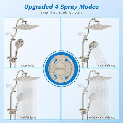 Hibbent High Pressue All Metal 10" Rainfall Shower Head, Handheld 10-Spray | cUPC Certified Brushed Nickel Dual Showerhead Combo, 4-way Diverter with Pause Mode, Brass Extension Arm, 71'' Hose & Holder - color: Brushed Nickel, style: Square 10"