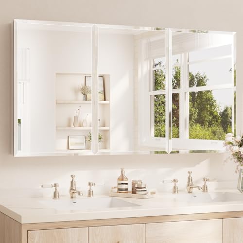 TETOTE 60 x 32 Medicine Cabinet with Tempered Beveled Mirror Silver Aluminum Cabinet DTC Hinges, Stepless Adjustable Shelves, Recessed/Surface-Mounted - color: Silver, size: 32"L x 60"W