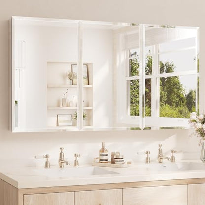 TETOTE 60 x 32 Medicine Cabinet with Tempered Beveled Mirror Silver Aluminum Cabinet DTC Hinges, Stepless Adjustable Shelves, Recessed/Surface-Mounted - color: Silver, size: 32"L x 60"W