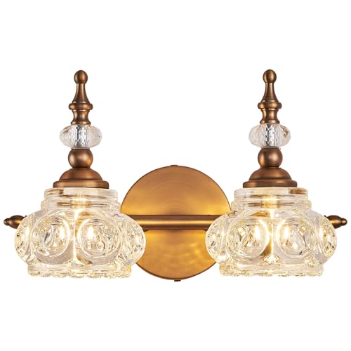Bathroom Vanity Light Fixtures, 2-Light Vintage Crystal Bathroom Lighting, Matte Brushed Antique Brass Finish, Vintage Wall Sconce Light with Crystal Glass Shade - color: Brass, size: 2-Light (1-Pack)