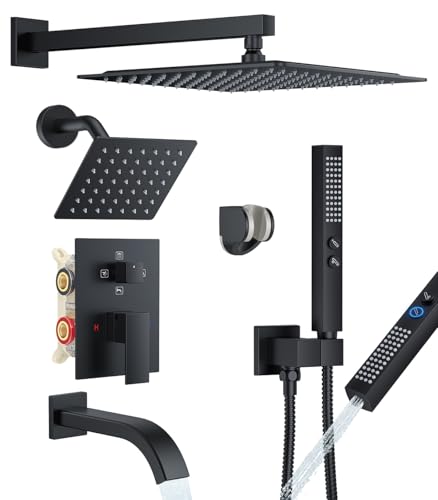 Rain Shower System with Rough-in Valve, Wall Mount Shower Faucet Set with 12" & 6" Dual Rain Shower Heads, 2-in-1 Handheld Shower, Tub Spout, 4-Function Complete Shower Fixture, Matte Black - color: Matte Black, size: Wall Mount-12"+6" head with Tub Spout
