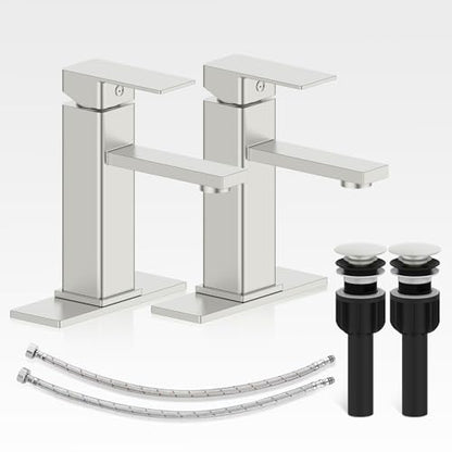 Bathroom Faucet-2 Sets, Brushed Bathroom Sink Faucets with Pop-up Drain and 6 Inch Deck Plate, Single Handle Modern Farmhouse RV Vanity Faucet for Vessel Sink (1~3 Holes) - color: 2.Brushed Sealing Glaze, style: Short*2