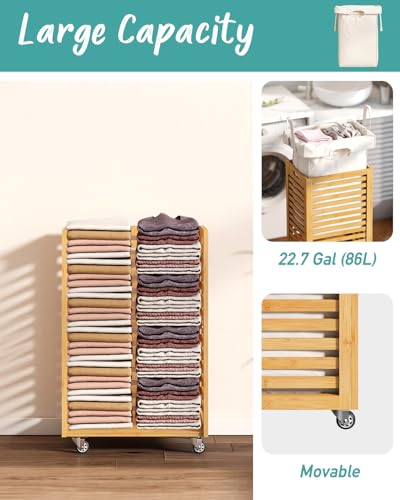 Laundry Hamper, 22.7 Gallon (86L) Bamboo Wood Clothes Laundry Basket with Wheels and Handles, Removable Liner - color: Natural
