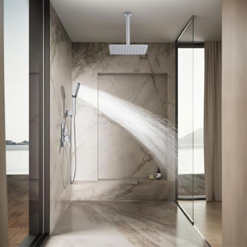 Shower System Modern Rain 8 inches Brass Faucet Set With Valve and Diverter Shower Mixer With Handheld High Pressure Square Rainfall Shower Valve (12'' Ceiling Mount, Chrome Polished) - color: Chrome Polished, style: 12'' Ceiling Mount