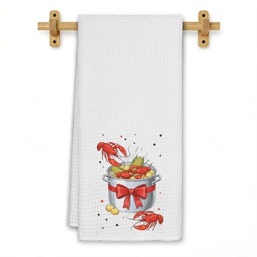 Coquette Red Bow Crawfish Boil Kitchen Towels, Southern Seafood Party Dish Tea Towels for Kitchen Decor, Coastal Summer Beach Louisiana Lobster Decorative Hand Towel for Bathroom, 16x24 Inch - color: Coquette Crawfish Boil