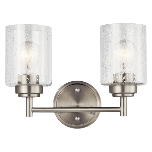 Kichler Winslow 12.75" Vanity Light in Brushed Nickel, 2-Light Transitional Bathroom Light with Clear Seeded Glass. (12.75" W x 9.25" H), 45885NI | Clear seeded glass vanity light for bathroom mirrors (12.75" x 9.25"), 45885NI - color: Brushed Nickel, siz