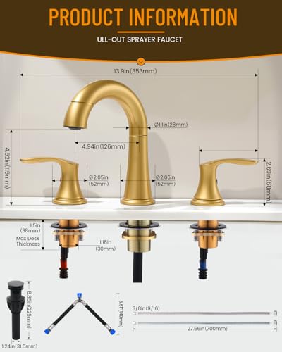Bathroom Faucet Brushed Gold 8 Inch Certerset 3 Hole 2 Handles Faucet, BF-106B, 14 Inch Pull Down Out Sprayer Washing Pet & Cleaning, 360 Swivel Spout Widespread Coverage Vanity - color: Brushed Gold