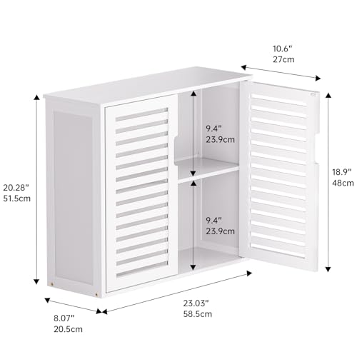 HITNET White Bathroom Cabinet Over Toilet, Bamboo Hanging Medicine Cabinet, Wall-Mounted Storage Organizer, Kitchen Cupboard with Double Doors and Adjustable Shelf - color: White