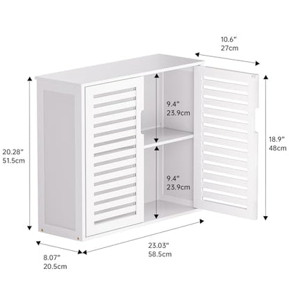 HITNET White Bathroom Cabinet Over Toilet, Bamboo Hanging Medicine Cabinet, Wall-Mounted Storage Organizer, Kitchen Cupboard with Double Doors and Adjustable Shelf - color: White