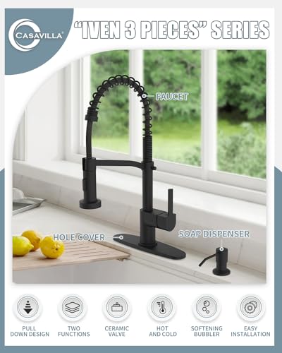 Black Kitchen Faucet Soap Dispenser, Faucet for Kitchen Sink, Kitchen Sink Faucet with Deck Plate, Kitchen Faucet with Pull Down Sprayer and Dual Function Spray Head - color: A-Matte Black, style: Classic