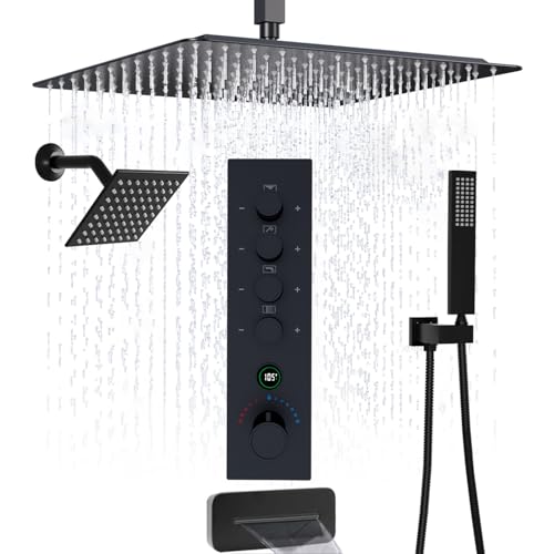 Thermostatic Digital Dual Rain Heads Tub Shower System Can Run Together | Matte Black 4-Way Shower Faucts Set with Waterfall Spout, 12" Rainfall + 6" Tilted Shower and Brass Handheld - color: Matte Black, style: 12” + 6" + Spout