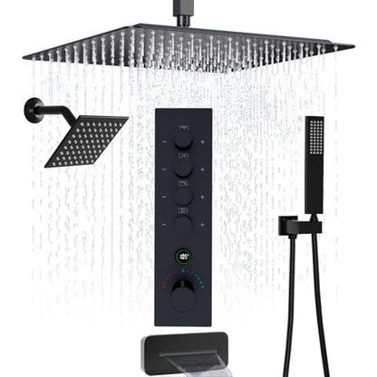Thermostatic Digital Dual Rain Heads Tub Shower System Can Run Together | Matte Black 4-Way Shower Faucts Set with Waterfall Spout, 12" Rainfall + 6" Tilted Shower and Brass Handheld - color: Matte Black, style: 12” + 6" + Spout