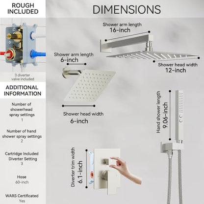 Thermostatic Shower System Brushed Nickel, STARBATH Shower Faucets Sets 12+ 6" Wall Mount Rain Shower and 2 in 1 Handhled, Can Use All at Once, Push Button 3 Modes Valve Complete Shower Set - color: Brushed Nickel, size: 6+12 inch-12