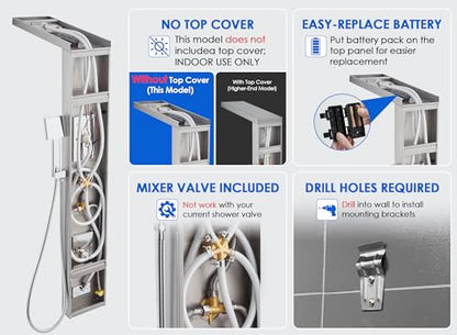 ROVOGO LED Shower Panel Tower System With Lights, 5 Shower Modes, Brushed | Rainfall Mist Shower Head, Large Body Jets, Handheld, Tub Spout, Stainless Steel Shower Column, Brass Mixing Valves, 50 Inch - style: 50" Brushed