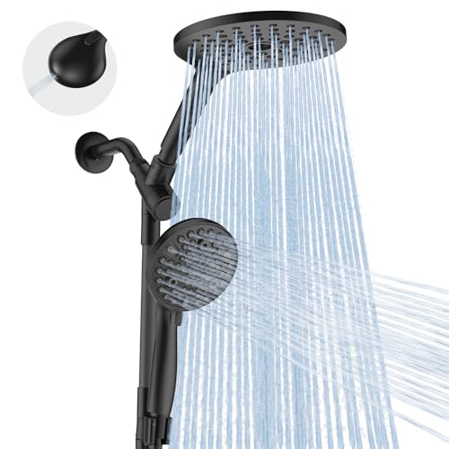 MakeFit Dual Handheld Shower Head Combo, 2-in-1 Rain Shower Heads System 8 Inch Rainfall Shower Head and 10 Modes High Pressure Hand Held Showerhead with Built-in Power Wash - color: Black, size: 8 Inch Standard