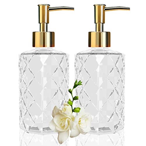 Clear Glass Soap Dispenser with Gold Plastic Pump, 2 Pack 12oz Diamond Hand Soap Dispenser, Refillable Lotion Dispenser & Dish Bathroom Dispenser for Liquid, Shower Gel - color: Crystal Clear