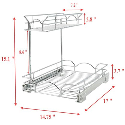 OCG Under Sink Cabinet Organizer Two Tier Pull Out Shelf (14.75W x 17D), Under Sink Sliding Shelf for Kitchen Bathroom Cabinet 2 Tier Chrome - size: 14.75W17D