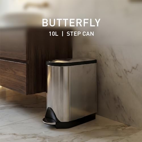 simplehuman 10 Liter / 2.6 Gallon Butterfly Lid Bathroom Step Trash Can, Brushed Stainless Steel with Black Trim - size: 10 liter Brushed