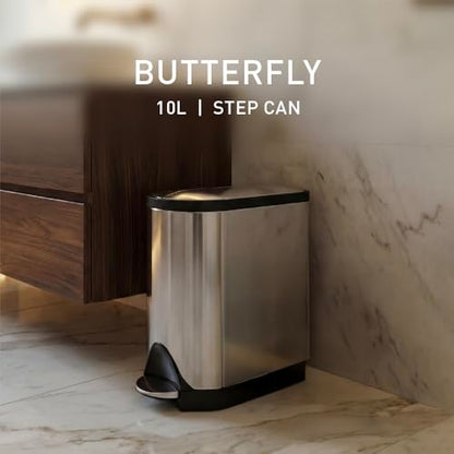simplehuman 10 Liter / 2.6 Gallon Butterfly Lid Bathroom Step Trash Can, Brushed Stainless Steel with Black Trim - size: 10 liter Brushed
