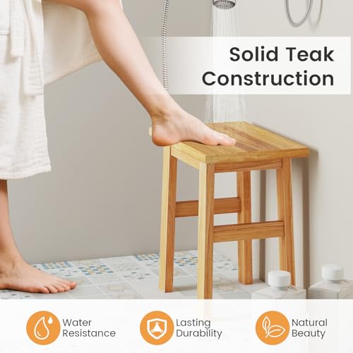Giantex Solid Teak Shower Bench Stool for Bathroom, Fully Assembled Wooden Bath Seat with Water-Resistant Finish, 264 lbs Capacity, Spa Shaving Bench for Indoor Outdoor Use, 18''L x 12''W x 18''H