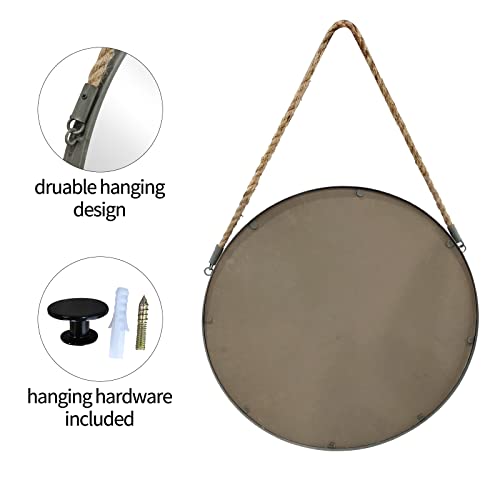 POZINO 15" Small Round Hanging Mirror with Grey Metal Frame - color: Grey, size: 15"L x 15"W