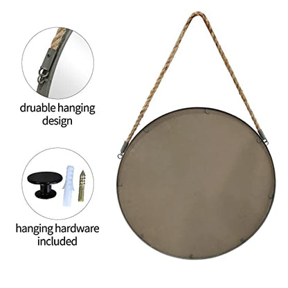 POZINO 15" Small Round Hanging Mirror with Grey Metal Frame - color: Grey, size: 15"L x 15"W