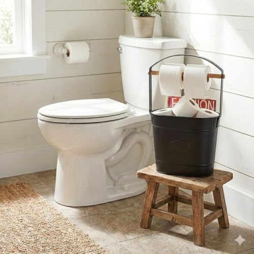 Autumn Alley Farmhouse Toilet Paper Holder Stand – Free Standing Bathroom Tissue Holder in Matte Black – Reserve Storage for Extra Rolls – Magazine Stand – Farmhouse Bathroom DecorBlack