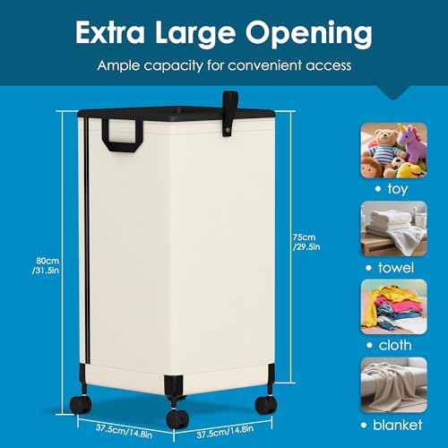 Laundry Basket with Wheels 105L, Large Rolling Laundry Hamper with Removable Bag, Metal Frame Collapsible Dirty Clothes Bin, Cloth Organizer Hampers Pull Handle for Bathroom, Dorm, Bedroom White - color: White - 1 Pack