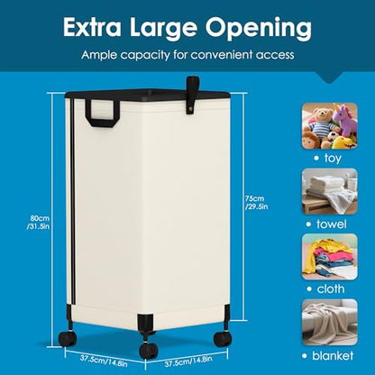 2Pcs Laundry Basket With Wheels 105L, Large Rolling Laundry Hamper With Removable Bag, Metal Frame Collapsible Dirty Clothes Bin, Cloth Organizer Hampers Pull Handle For Bathroom, Dorm, Bedroom White - color: White - 2 Pack