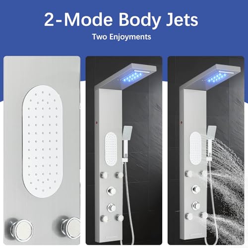 Luxury Shower Tower System with LED Shower Head, 5 Functions Shower Panel Tower System with 4 pcs Body Massage Jets,Stainless Steel Wall Mount Massage Shower Panel Tower System Brushed Nickel - color: Brushed-8125