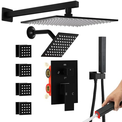 Enga Dual Heads Shower System with Body Jets, Shower Faucet Set 10 Inch Rainfall with 6 Inch Showerhead, 4 Body Jets with 2 in 1 Handheld Spray, Matte Black - color: Matte Black, style: Wall-10"+6"+4Jets