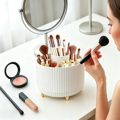 360 Rotating Makeup Brush Holder Organizer, 5-Slot Spinning Cosmetics Cup for Makeup Brushes, Nail Polish & Art Supply, Bathroom Vanity Desktop Organizer, White