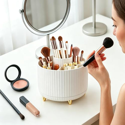 360 Rotating Makeup Brush Holder Organizer, 5-Slot Spinning Cosmetics Cup for Makeup Brushes, Nail Polish & Art Supply, Bathroom Vanity Desktop Organizer, White