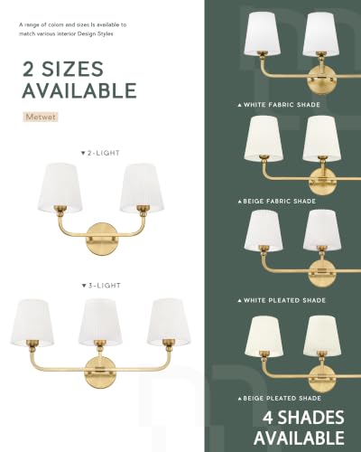 2-Light Brushed Gold Bathroom Vanity Light, Pleated Fabric Shade | 17" 2-light gold double wall sconce with white pleated fabric shades, E26 bulbs, hardwired, upward only, VL837-BG-Z-2 - color: Brushed Gold, White Pleated Shade, size: 2-light