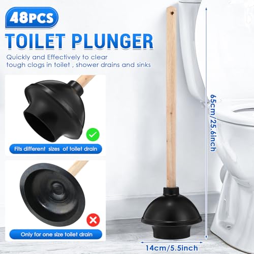 Dandat 48 Pcs Rubber Toilet Plunger with Double Thrust Force Suction Cup Long Wooden Handle Toilet Bowl Plunger Heavy Duty Pump Clogged Solution for Bathroom Stores Restaurants (Black)