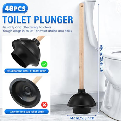 Dandat 48 Pcs Rubber Toilet Plunger with Double Thrust Force Suction Cup Long Wooden Handle Toilet Bowl Plunger Heavy Duty Pump Clogged Solution for Bathroom Stores Restaurants (Black)