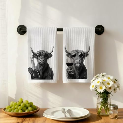 Funny Highland Cow Wine Kitchen Dish Towels Set of 2-Gifts for Wine and Cow Lovers, Western Highland Heifer Hand Tea Towels for Home Bar Kitchen, 16x24 Inches-042 - color: Wcolor 007