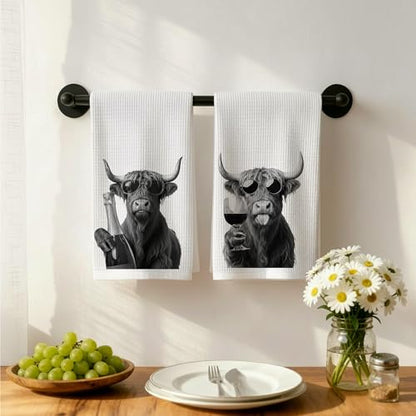 Funny Highland Cow Wine Kitchen Dish Towels Set of 2-Gifts for Wine and Cow Lovers, Western Highland Heifer Hand Tea Towels for Home Bar Kitchen, 16x24 Inches-042 - color: Wcolor 007